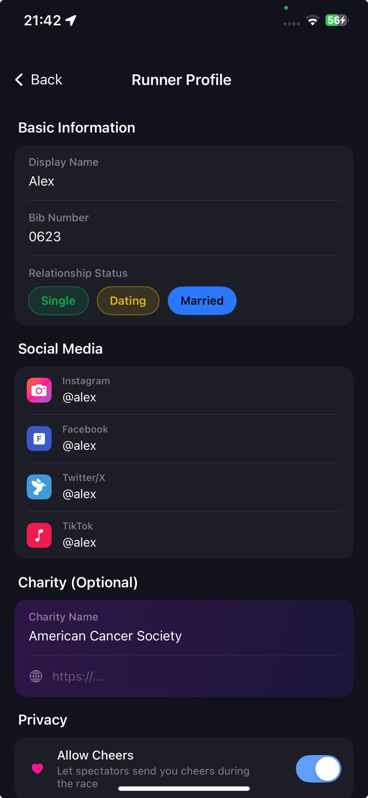 Detailed athlete profile with charity and social links
